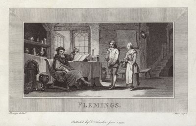 Flamanlar. Hizmetçilerin ve efendinin gravürü. by Flemish School