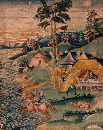 Flaman halısı. Granikos Nehri yakınında askeri kamp. Oudenaarde Atölyesi. 377x393cm. Env 83104-9 /00011. 17. yüzyıl. by Flemish School