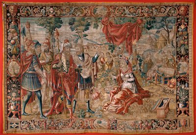 Flaman halısı. Esav ve Yakup serisi. Laban çalınan putları arar (Labán busca los ídolos robados). Serinin ikinci halısı. Hollanda imalatı. 16. yüzyılın ikinci yarısı. Kumaş Yün. Konum Bari Aziz Nikolaos Kilisesi ( by Flemish School