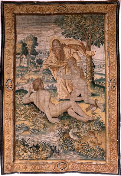 Flaman halısı. Seri Genesis veya Yaratılış Adamı. Tanrı Kadını yaratır ve onu Adem ile tanıştırır (Dios crea a la mujer y la presenta a Adán). Michiel Coxcie