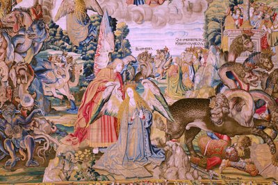 Flaman halısı. Seri The Apocalypse: Aziz Michael ejderhayı yenerken. Atelier Willem Dermoyen, Brüksel. Yaklaşık 1553-1555. Detay. by Flemish School