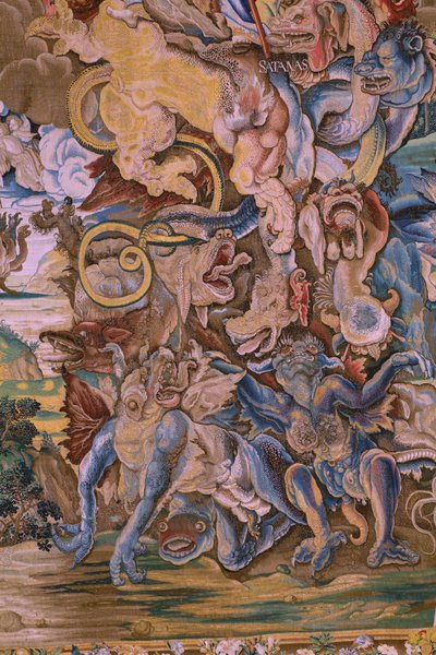 Flaman halısı. Seri The Apocalypse: Aziz Michael ejderhayı yenerken. Atelier Willem Dermoyen, Brüksel. Yaklaşık 1553-1555. Detay. by Flemish School