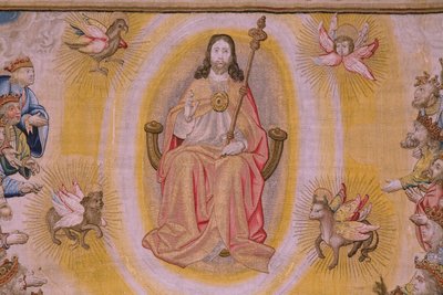 Flaman halısı. Seri The Apocalypse: Aziz Michael ejderhayı yenerken. Atelier Willem Dermoyen, Brüksel. Yaklaşık 1553-1555. Detay. by Flemish School