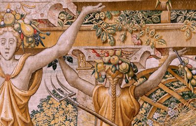 Flaman halısı. Vertumnus ve Pomona Serisi. Çiftçiye dönüşen No II Vertumnus (Vertumno y Pomona II Vertumno transformado en agricultor) no1 sol kısım. Modeller Çemberi Pieter Coecke Van Aelst ve Léonard Thiry. Atölye bilinmiyor, Brüksel. Altın, by Flemish School