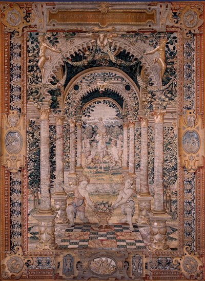 Flaman halısı. Vertumnus ve Pomona Serisi. Serinin yedinci halısı; Vertumnus bir balıkçıya dönüştü (orta kısım). Modeller Çemberi Pieter Coecke Van Aelst ve Léonard Thiry. İmalat Bilinmeyen atölye, Brüksel. 1550