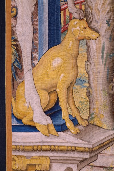 Flaman halısı. Vertumnus ve Pomona Serisi: Bir çiftçiye dönüşen Vertumnus (çiftçi olarak Vertumnus, Vertumno transformado ve çiftçi olarak). Willem de Pannemaker stüdyosu. yaklaşık 1545-1550. Detay. by Flemish School