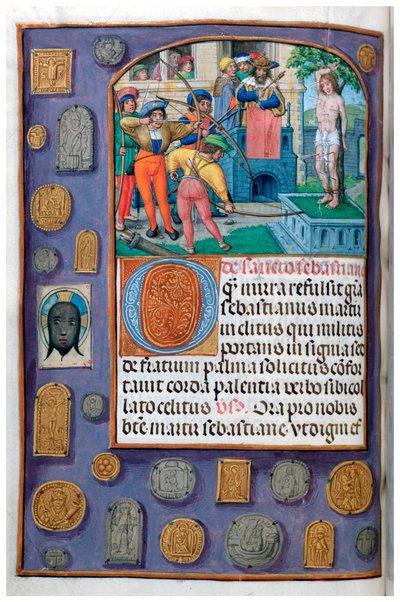 MS 4, cilt. 127, f.112v, Aziz Sebastian Şehitliği, hacı rozetleri ve vernikle trompe l