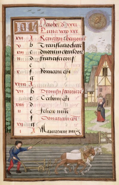 Ms 1058-1975 f10r İki Atlı Çiftçilik, bir Saatler Kitabından Ekim ayı için ışıklı takvim sayfası, c.1500 by Flemish School