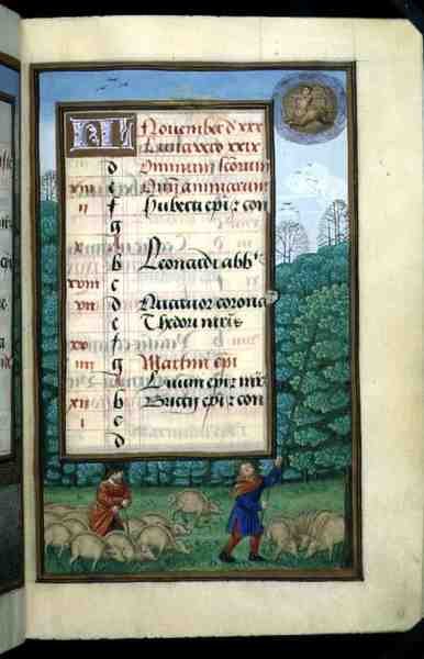 Ms 1058-1975 f.11r Herding Domuz ve Dayak Oaks, Kasım ayı için ışıklı takvim sayfası, bir Saatler Kitabından, c.1500 (parşömen) by Flemish School