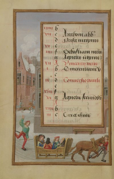 Ms 1058-1975 f1v Karda Sokak Manzarası, Ocak ayı için aydınlatılmış takvim sayfası, bir Saatler Kitabından, c.1500 by Flemish School
