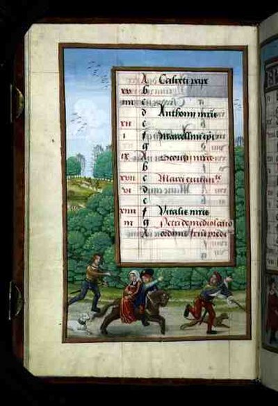 Ms 1058-1975 f4v Bir Usta ve Hanımı Avla Yolculuk, Nisan ayı için bir Saatler Kitabından ışıklı takvim sayfası, c.1500 (parşömen) by Flemish School