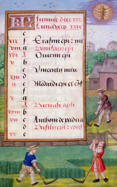 Ms 1058-1975 f6r Çim Biçme, bir Saatler Kitabından Haziran ayı için ışıklı takvim sayfası, c.1500 (parşömen) by Flemish School