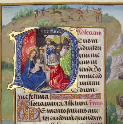 Ms 1058-1975 f.82r Bir Saatler Kitabından Kralların Hayranlığını betimleyen, tarihlendirilmiş ilk `D, muhtemelen Bruges, c.1500-05 by Flemish School