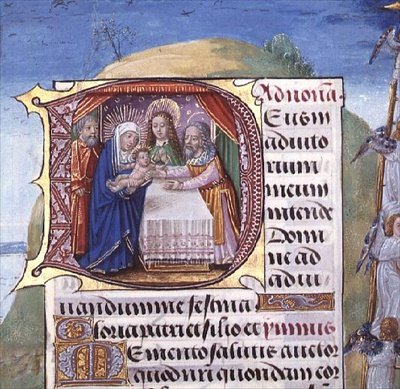 Ms 1058-1975 f.85r Bir Saatler Kitabından Tapınaktaki Sunumu betimleyen tarihi ilk “D”, muhtemelen Bruges, c.1500-05 (parşömen) by Flemish School