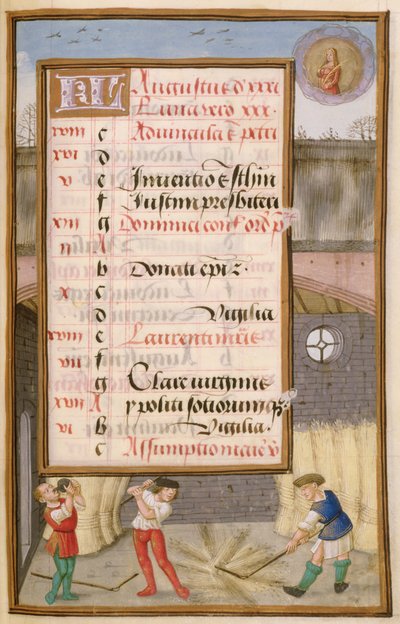Ms 1058-1975 f8r Ahırda Mısır Harmanı, Ağustos ayı için aydınlatılmış takvim sayfası, Saatler Kitabından, c.1500 by Flemish School