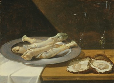 Kalaylı Tabakta Domuz Parmakları, Dökümlü Bir Masada İstiridye ve Şarap Kadehleri, 1630 dolayları by Flemish School