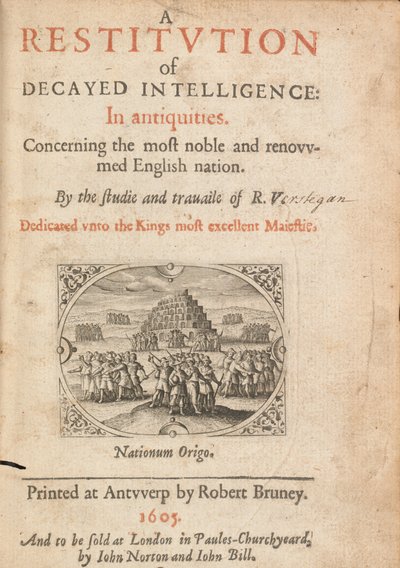 Richard Verstegam, Antwerp, 1605 tarafından yazılan Çürümüş Zekanın İadesi kitabının başlık sayfası by Flemish School