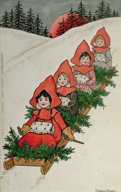Kızakta Dört Küçük Kız (renkli litografi) by Florence Hardy