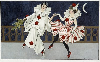 Pierrot ve Colombine ay ışığında dans ediyor - tatlı. Yazan: Florence Hardy, deb. 20. yüzyıl by Florence Hardy