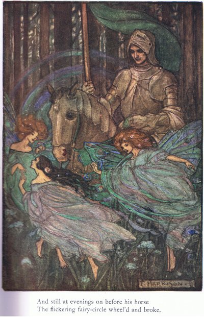 Ve hala akşamları atının önünde (Guinevere) (renkli taş baskı) by Florence Harrison
