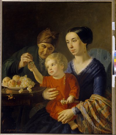 Aile portresi. Annesinin kucağında çıngırak tutan bir bebek, büyükannesinin verdiği üzümleri alır. Foma Gavrilovich Toropov (1821-1898), tuval üzerine yağlı boya by Foma Gavrilovich Toropov