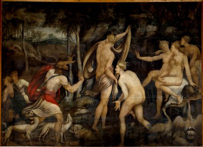 Av tanrıçası Diane (Artemis) ve Acteon, Fontainebleau Okulu'nun (16. yüzyıl) avcı resmi. Karartma 2,65 x 3,67 m by Fontainebleau School