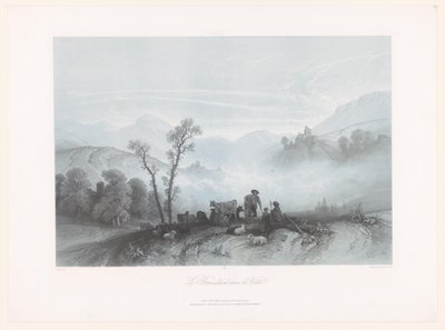 Sisli bir vadide inekleri ve koyunları olan çobanlar Le Brouillard dans la Vallée (nesnedeki başlık) by Fortuné Ferogio