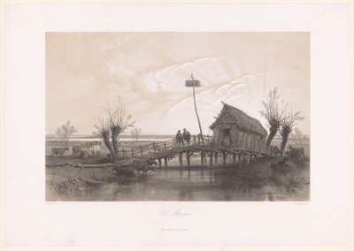 Köprülü bir evde inekler ve figürlerle dolu bataklık manzarası Le Marais (nesne üzerindeki başlık) by Fortuné Ferogio