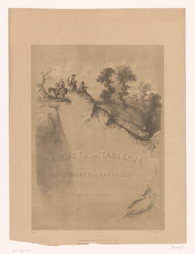 Kaya manzarası ve bir vadi boyunca gezginlerle birlikte başlık baskısı Férogio'nun peyzaj ve figür çalışmaları (seri başlığı) Projets de tableaux de Figures et paysages, par Férogio (nesne üzerinde dizi başlığı) by Fortuné Ferogio