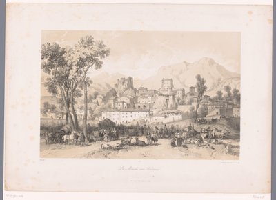 Bir vadide sığır pazarı olan bir köyün görünümü Le Marché aux Bestiaux (nesnedeki başlık) by Fortuné Ferogio