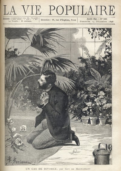 Çaresiz bir adam bir serada dizlerinin üzerinde dua ediyor. Guy de Maupassant (1850-1893) tarafından “Bir boşanma davası” için B. Borione