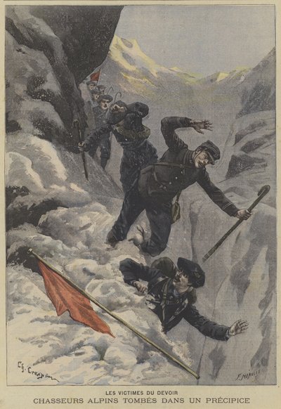 Fransız Chasseurs Alpins dağ birlikleri bir uçurumdan düşüyor by Fortune Louis Meaulle
