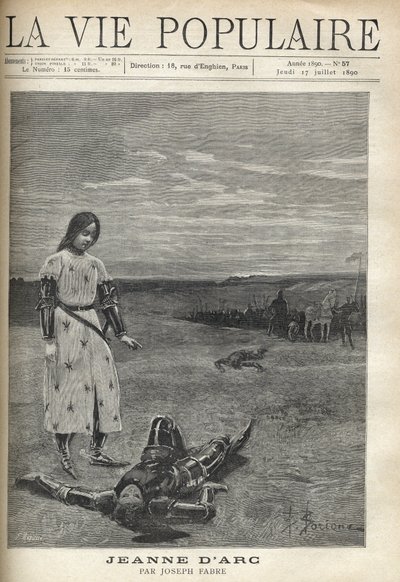 Silahlı şövalyeler birliğinin önünde, zırhlı Joan of Arc, başı çıplak, üzüntüyle bakıyor cesedin yerde yatan ölü bir şövalye, başı bir kan birikintisi içinde. Bernard Borione (1865-20. yüzyıl), Joan of Arc için Joseph F. by Fortune Louis Meaulle