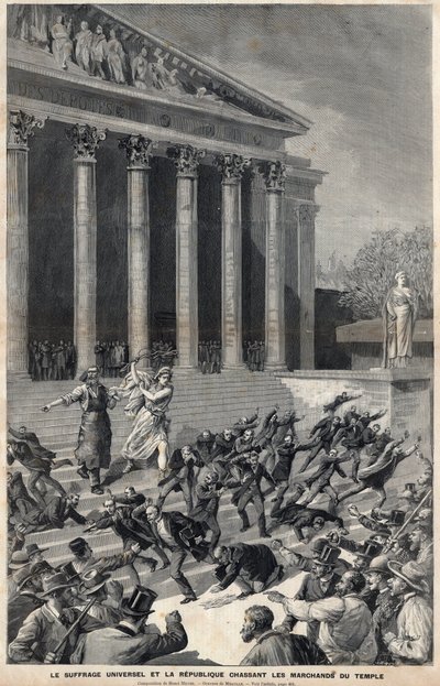 Evrensel Oy Hakkı ve Tapınaktan tüccarları kovalayan Cumhuriyet - Panama olayının ardından alegori - Henri Meyer tarafından Meaulle tarafından gravür by Fortune Louis Meaulle