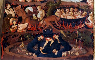 Son Yargı: Yeraltı Dünyasının detayı. Cehennem çevrelerinde lanetler, iblisler tarafından işkenceler. Guido di Pietro (veya Fra Giovanni da Fiesole) tarafından ahşap üzerine bir detrempe detayı, dit Fra Angelico veya il Beato (1387-1455) by Fra  Angelico