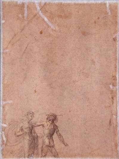 İki Şekil (ters) (kağıt üzerinde beyaz ile yükseltilmiş siyah ve sarı tebeşir) (rekto için bkz. 152658) by Fra 1472 1517 Bartolommeo