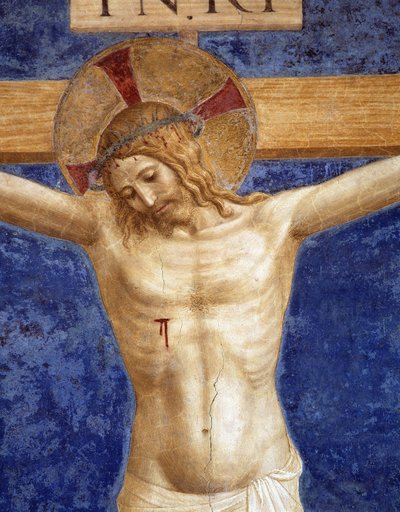İsa çarmıha gerildi. Haç üzerinde "INRI" yazısı, detay by Fra Angelico