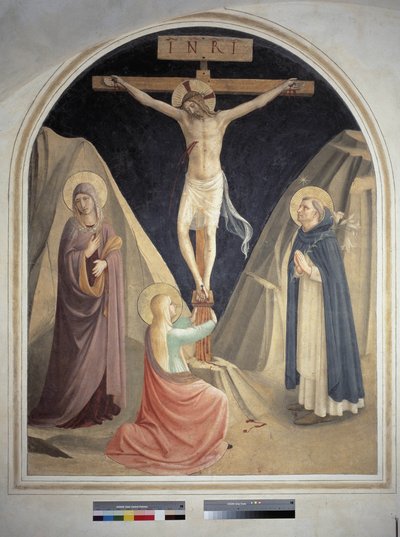 Aziz Dominic, Meryem Ana ve Aziz Mary Magdalene ile çarmıha germe. Haç üzerinde ""INRI"" yazısı. Guido di Pietro tarafından fresk by Fra Angelico