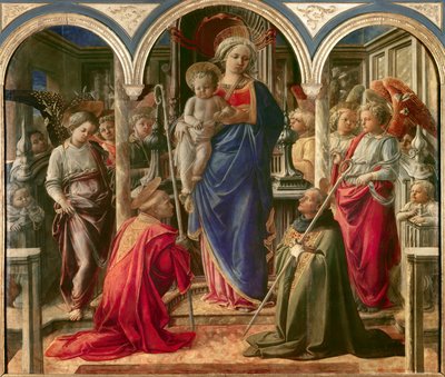 Meleklerle çevrili Bakire ve Çocuk, Aziz Frediano (Fridianus de Lucca veya Frigidanus, Frigidian, Frigianu) ve Aziz Augustine, Pala Barbadori olarak bilinir, Filippo Lippi (1406-1469) 1437-1438 tarafından Altarpiece. Bar için Barbadori ailesi tarafından de by Fra Filippo Lippi