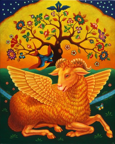 Altın Postlu Koç, 2011 (panelde yağlar ve tempera) by Frances Broomfield