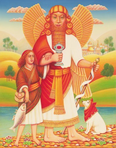 Tobias ve Melek, 2009 (panelde yağ ve tempera) by Frances Broomfield