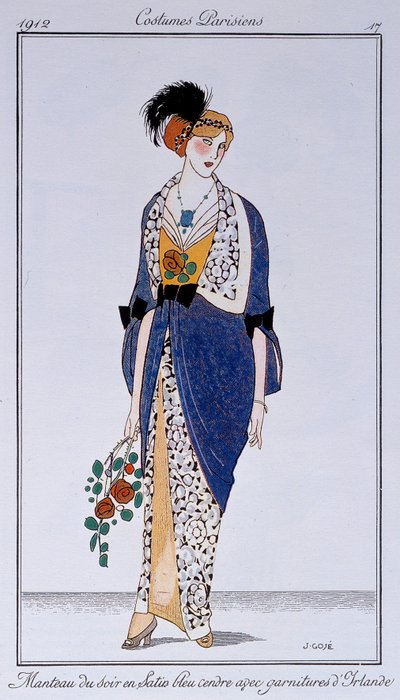 Paris Kostümleri: İrlanda süslemeli kül mavisi saten gece kabanı. Francisco Javier Gose (1876-1915) Ec. Esp. by Francesc Xavier Gosé