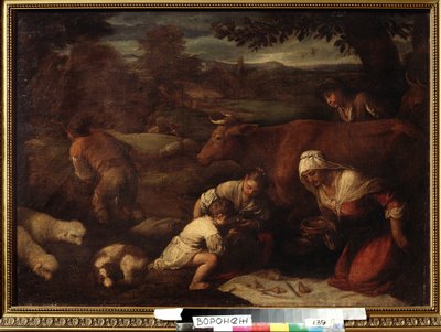 "Le soir" (Akşam) Çoban, kadın ve çocuklardan oluşan aile, öğle yemeğini çimenlerin üzerinde yer. Jacopo Bassano (da Ponte) (1510-1592) 16. yüzyıl Ivan Kramskoy (veya Kramskoi) Voronezh (Voronezh), Rusya Güzel Sanatlar Müzesi