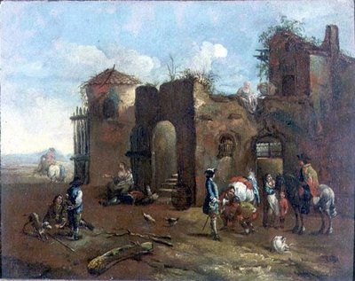 Gezginler rustik bir nalbantın yanında durdu by Francesco (circle of) Simonini