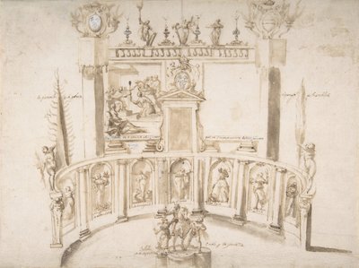 Nişlerde Yarı Dairesel Duvarlı ve Heykelli Bir Bahçe Fête Tasarımı., ca. 1635-79. by Francesco Allegrini