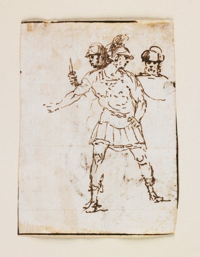 İki Romalı Asker ve Sakallı Figür Çalışması (rekto); Sopayla Yürüyen Sakallı Bir Adamın Çalışması (verso) (kalem ve kahverengi mürekkep) by Francesco Allegrini
