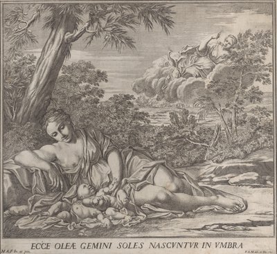 Latona ve uyuyan ikizleri Apollo ve Diana, bir manzara içinde, 1705. by Francesco Antonio Meloni