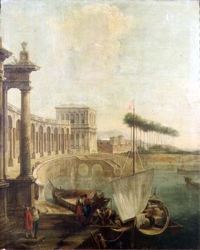 Bir capriccio, bir feribot yükleme figürleri ile liman by Francesco Battaglioli