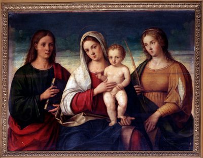 Evangelist Aziz John ve İskenderiyeli Aziz Catherine ile çevrili çocuklu Bakire (Resim by Francesco Bissolo