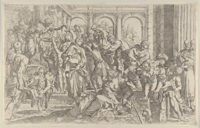 Aziz Roch solda, etrafında toplanan bir grup insana sadaka dağıtıyor, af..., yakl. 1590-1600. by Francesco Brizio